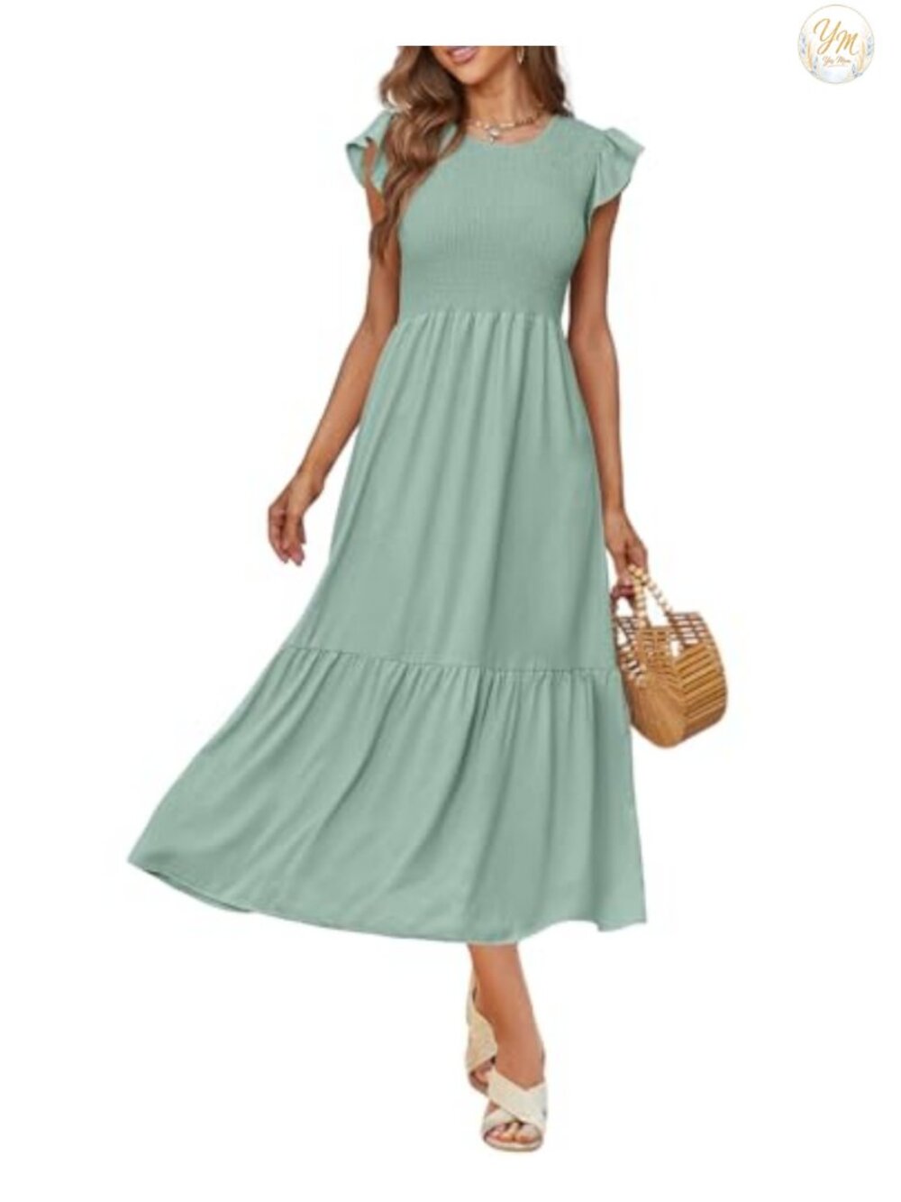 Casual Maxi Dress with Pockets Ruffle Sleeve Smocked Tiered Dress - Picture 2 of 6